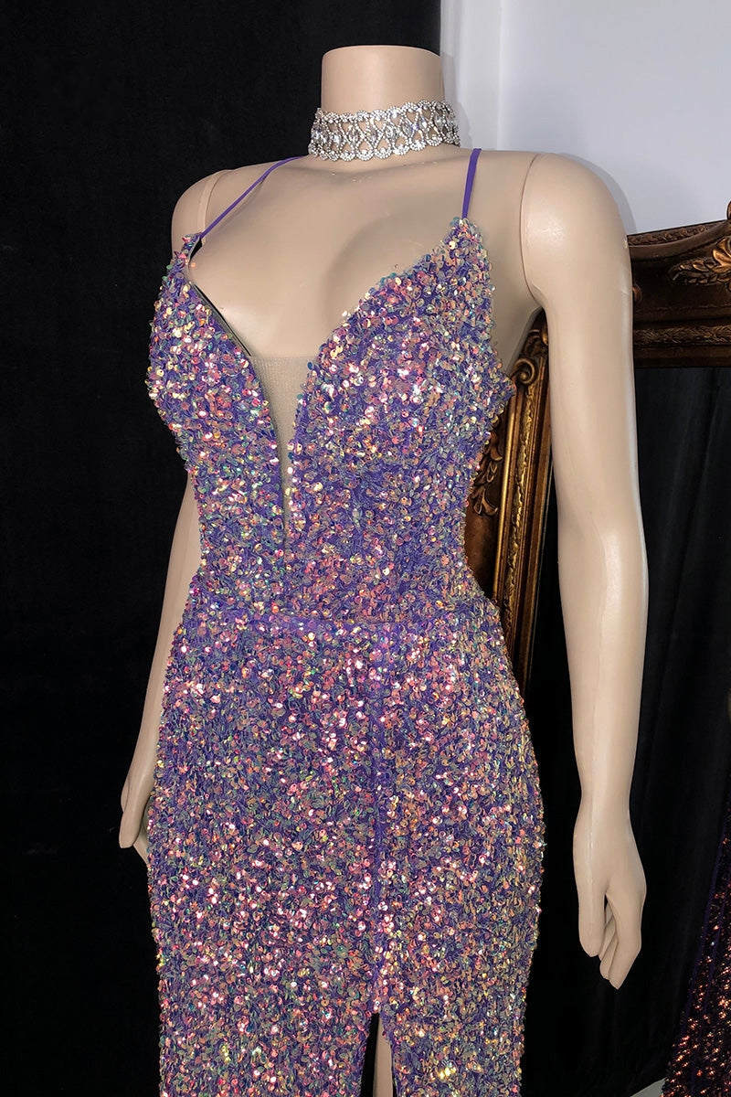 Glittering Spaghetti-Straps Sequins Prom Dress Mermaid Sleeveless With Slit-Ballbella