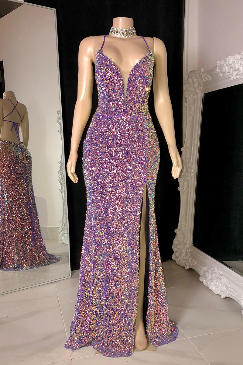 Glittering Spaghetti-Straps Sequins Prom Dress Mermaid Sleeveless With Slit-Ballbella