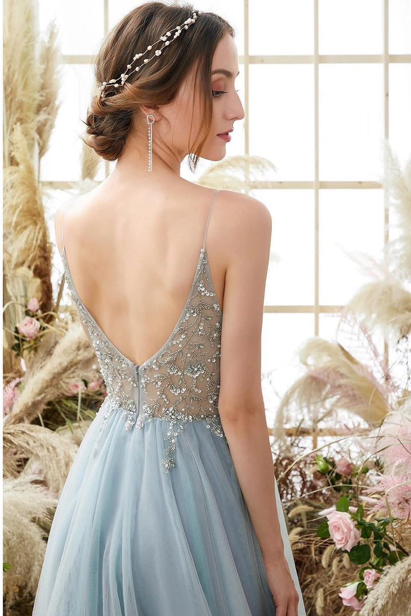 Glorious A-line Blue V-neck Spaghetti Straps Slit Beading Prom Dress-Ballbella