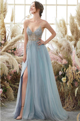 Glorious A-line Blue V-neck Spaghetti Straps Slit Beading Prom Dress-Ballbella