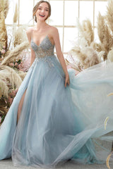 Glorious A-line Blue V-neck Spaghetti Straps Slit Beading Prom Dress-Ballbella