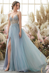 Glorious A-line Blue V-neck Spaghetti Straps Slit Beading Prom Dress-Ballbella