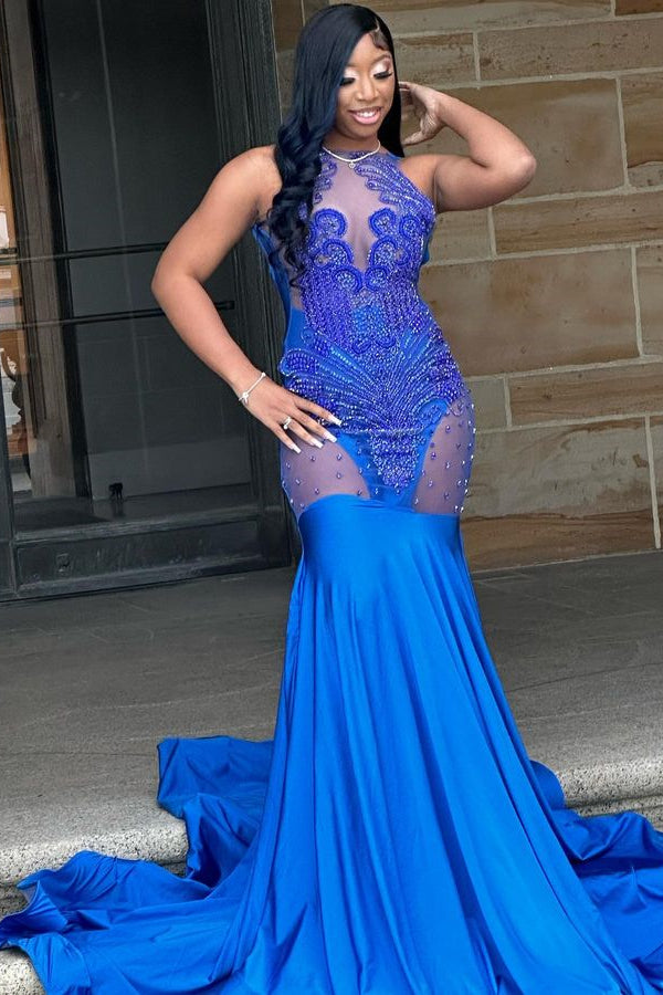 Glorious Royal Blue Lace Sleeveless Mermaid Prom Dress-Ballbella