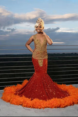 Gold appliques Orange Feathers Sequin Mermaid Long Prom Dresses-Ballbella