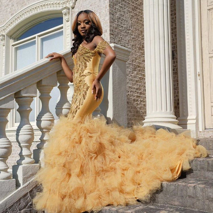 Gold Beads Appliques Fit and Flare Prom Dresses Off the Shoulder Tulle Ballbella