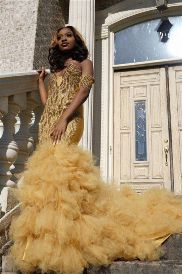 Gold Beads Appliques Fit and Flare Prom Dresses Off-the-Shoulder Tulle Ruffles Evening Gowns-Ballbella