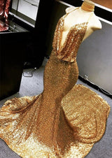 Gold Halter V-neck Mermaid Charming Sequined Deep Flow Neck Prom Party Gowns-Ballbella