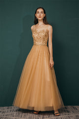 Gold Illusion neck Beaded Appliques Prom Dress-Ballbella