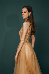 Gold Illusion neck Beaded Appliques Prom Dress-Ballbella