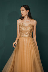 Gold Illusion neck Beaded Appliques Prom Dress-Ballbella