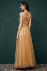 Gold Illusion neck Beaded Appliques Prom Dress-Ballbella