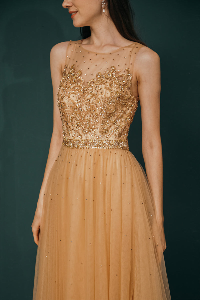 Gold Illusion neck Beaded Appliques Prom Dress-Ballbella