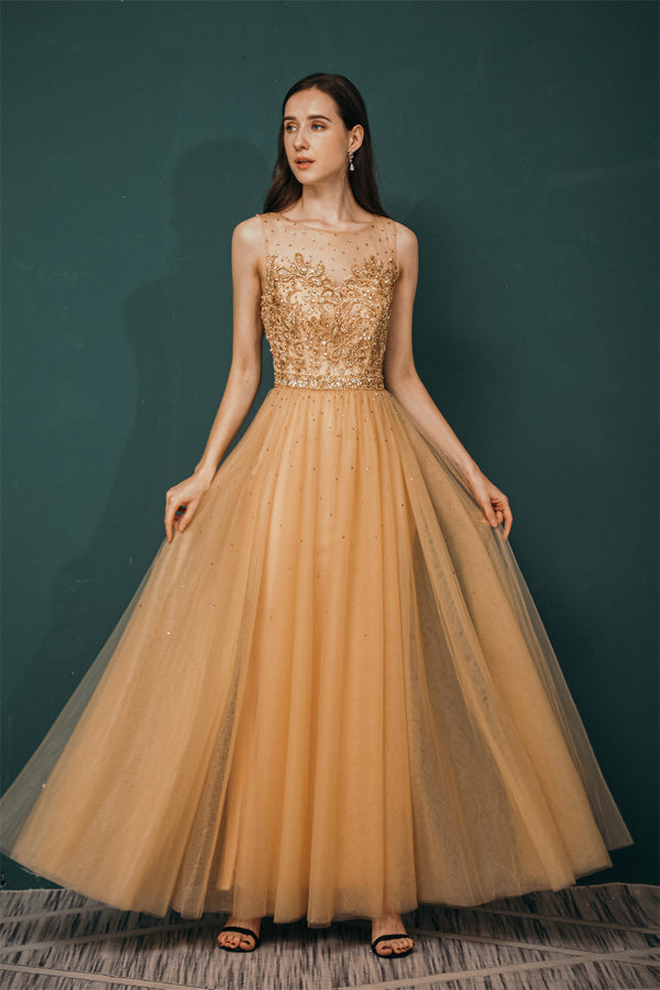 Gold Illusion neck Beaded Appliques Prom Dress-Ballbella