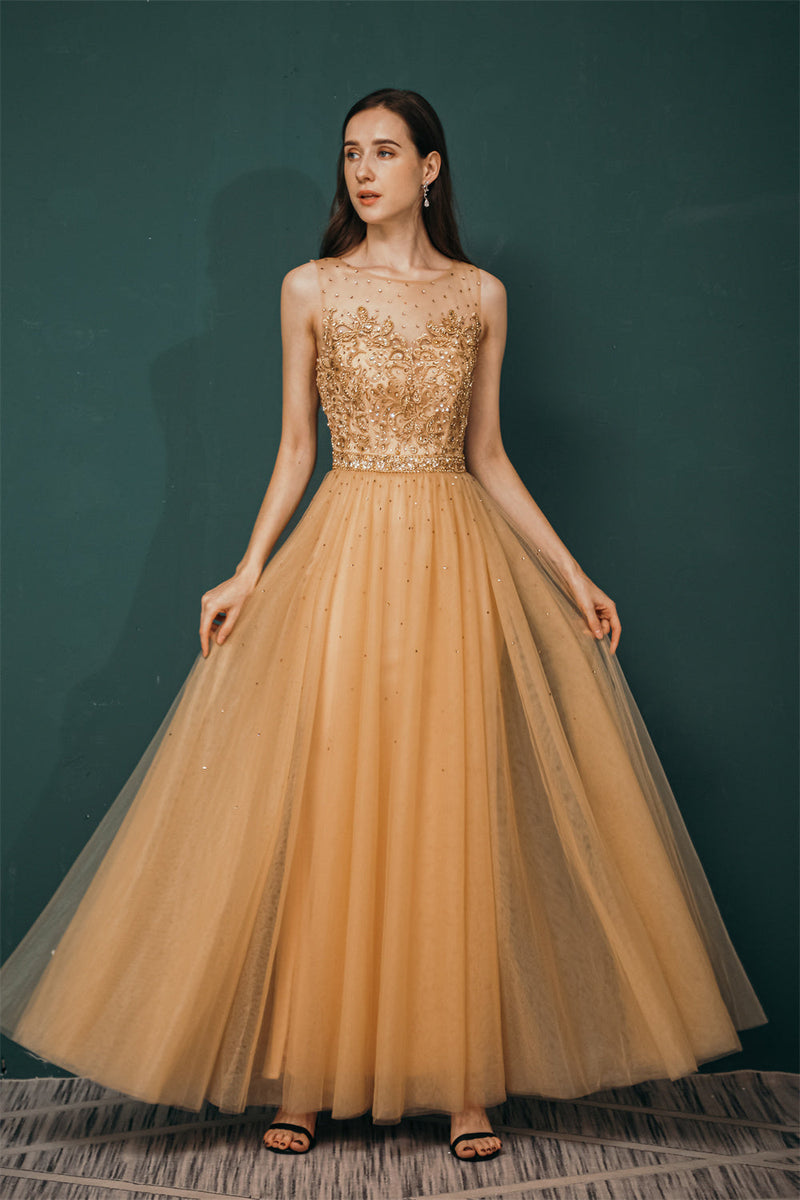 Gold Illusion neck Beaded Appliques Prom Dress-Ballbella