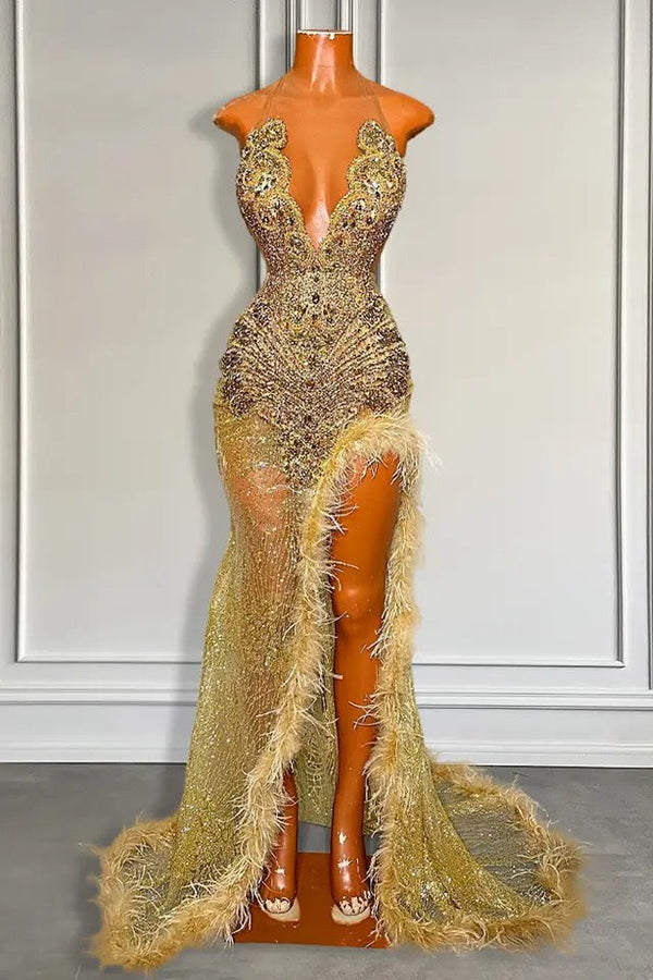 Gold Sleeveless Mermaid Prom Dress with Sequins High Slit and Feather Beadings-Ballbella