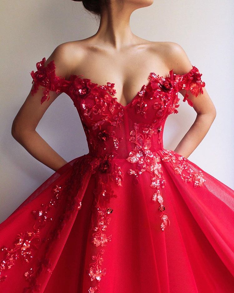 Gorgeous Ball Gown Off-the-Shoulder Applique Flowers Evening Dresses-Ballbella