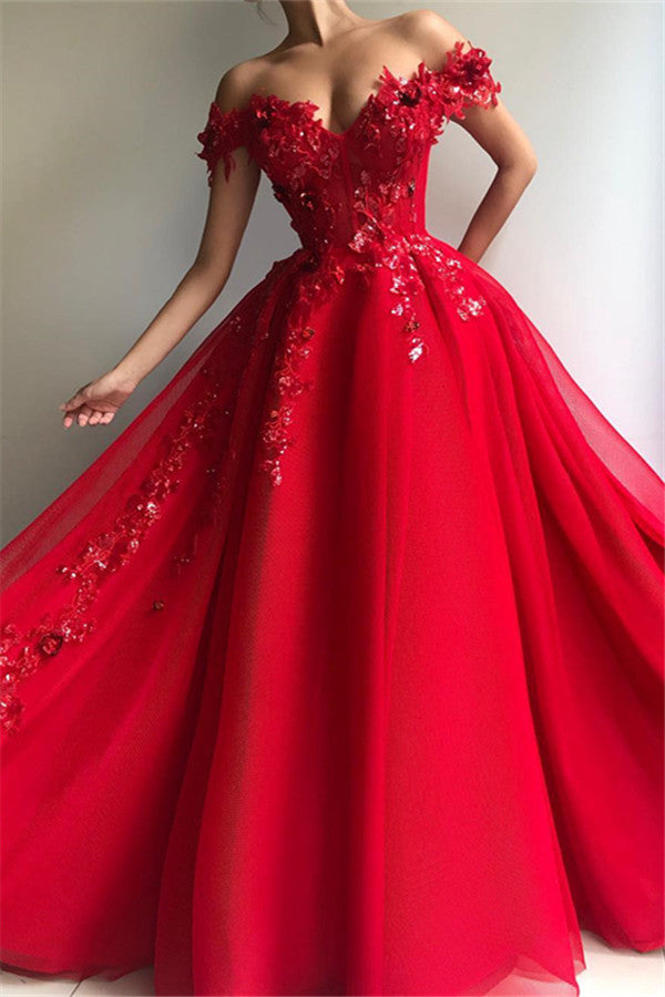 Still not know where to get your event dresses online? Ballbella offer you Gorgeous Ball Gown Off-the-Shoulder Applique Flowers Evening Dresses at factory price,  fast delivery worldwide.