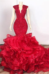 Gorgeous Beads Appliques Red Prom Dresses Ruffles Fit and Flare Alluring Evening Gowns-Ballbella