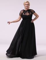 Gorgeous Black Evening Dresses Plus Size Evening Dress Chiffon Lace Applique Illusion Short Sleeves Floor Length Wedding Guest Dress-Ballbella