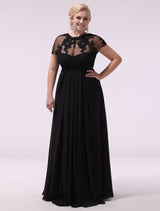 Gorgeous Black Evening Dresses Plus Size Evening Dress Chiffon Lace Applique Illusion Short Sleeves Floor Length Wedding Guest Dress-Ballbella