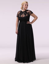 Gorgeous Black Evening Dresses Plus Size Evening Dress Chiffon Lace Applique Illusion Short Sleeves Floor Length Wedding Guest Dress-Ballbella