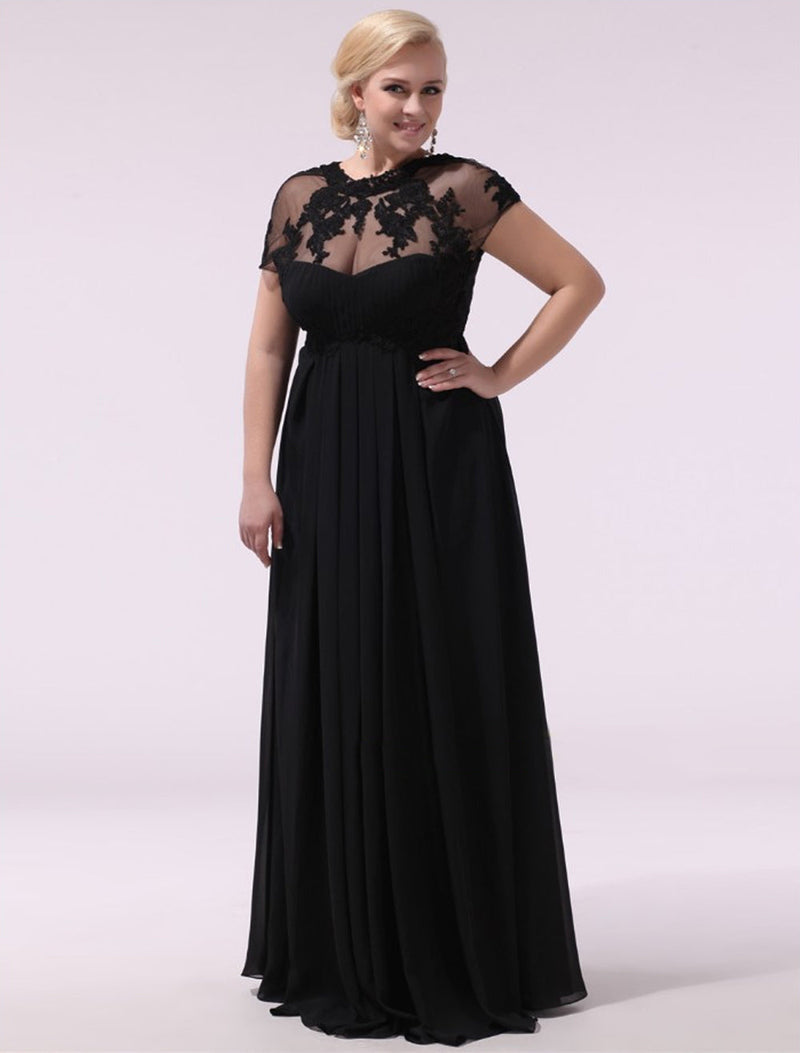 Gorgeous Black Evening Dresses Plus Size Evening Dress Chiffon Lace Applique Illusion Short Sleeves Floor Length Wedding Guest Dress-Ballbella