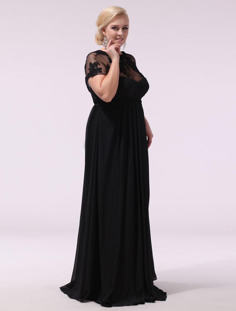 Gorgeous Black Evening Dresses Plus Size Evening Dress Chiffon Lace Applique Illusion Short Sleeves Floor Length Wedding Guest Dress-Ballbella