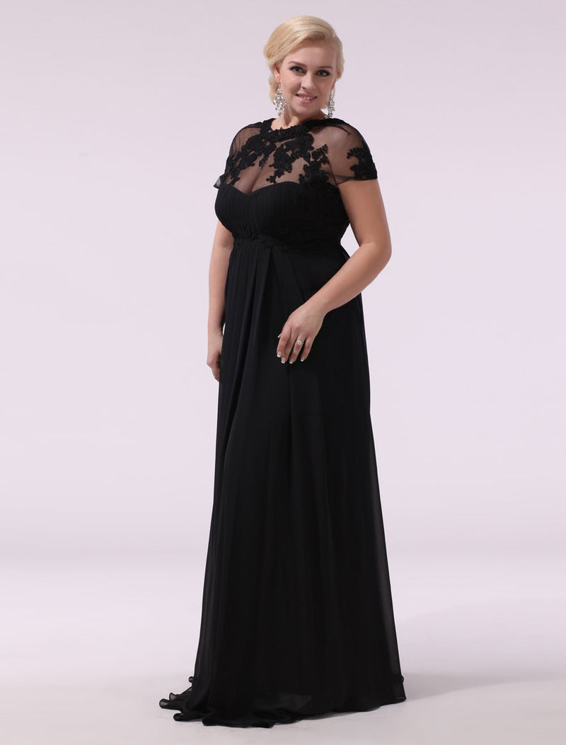 Gorgeous Black Evening Dresses Plus Size Evening Dress Chiffon Lace Applique Illusion Short Sleeves Floor Length Wedding Guest Dress-Ballbella