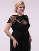 Gorgeous Black Evening Dresses Plus Size Evening Dress Chiffon Lace Applique Illusion Short Sleeves Floor Length Wedding Guest Dress-Ballbella