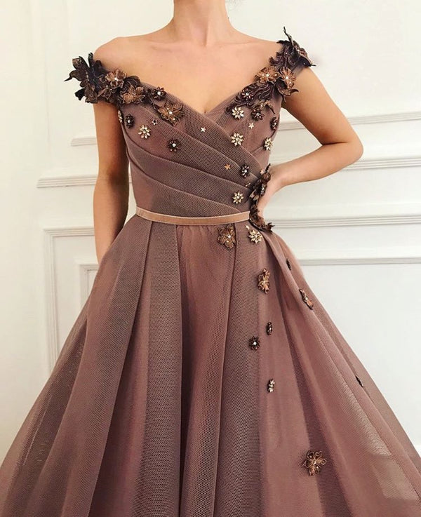 Gorgeous Brown Prom Party Gowns| V-Neck Ball Gown Evening Gowns-Ballbella