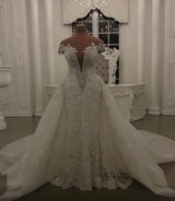 Gorgeous Crystal Lace Off-the-Shoulder V-neck Beading Wedding Dresses with Detachable Overskirt-Ballbella