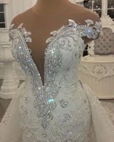 Gorgeous Crystal Lace Off-the-Shoulder V-neck Beading Wedding Dresses with Detachable Overskirt-Ballbella