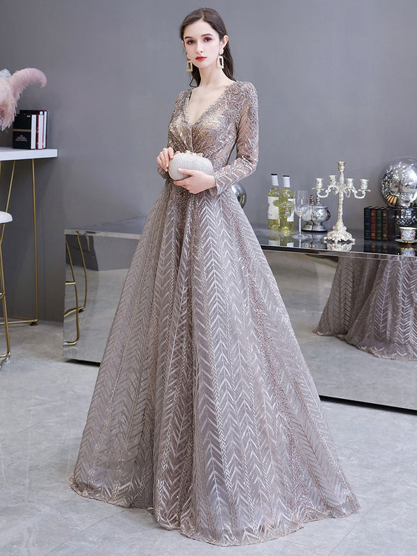 Gorgeous Evening Dress Princess Silhouette V Neck Long Sleeve Lace Sequins Floor Length Social Party Dresses-Ballbella