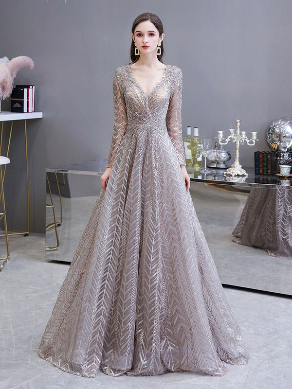 Gorgeous Evening Dress Princess Silhouette V Neck Long Sleeve Lace Sequins Floor Length Social Party Dresses-Ballbella