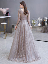 Evening Dress Princess Silhouette V Neck Long Sleeve Lace Sequins Floor Length Social Party Dresses