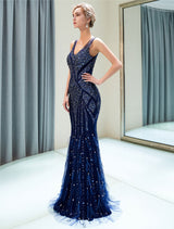 Gorgeous Evening Dresses Dark Navybeading Luxury V Neck Sleeveless Mermaid Formal Gowns-Ballbella