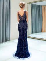 Gorgeous Evening Dresses Dark Navybeading Luxury V Neck Sleeveless Mermaid Formal Gowns-Ballbella