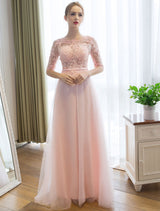 Gorgeous Evening Dresses Long Soft Pink Half Sleeve Lace Tulle Formal Evening Lace Applique Maxi Party Dress-Ballbella