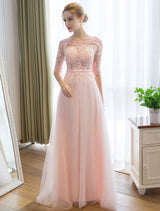 Gorgeous Evening Dresses Long Soft Pink Half Sleeve Lace Tulle Formal Evening Lace Applique Maxi Party Dress-Ballbella