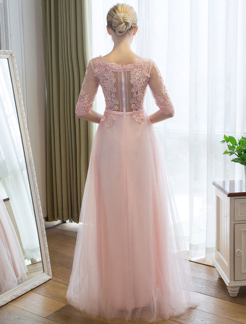 Gorgeous Evening Dresses Long Soft Pink Half Sleeve Lace Tulle Formal Evening Lace Applique Maxi Party Dress-Ballbella