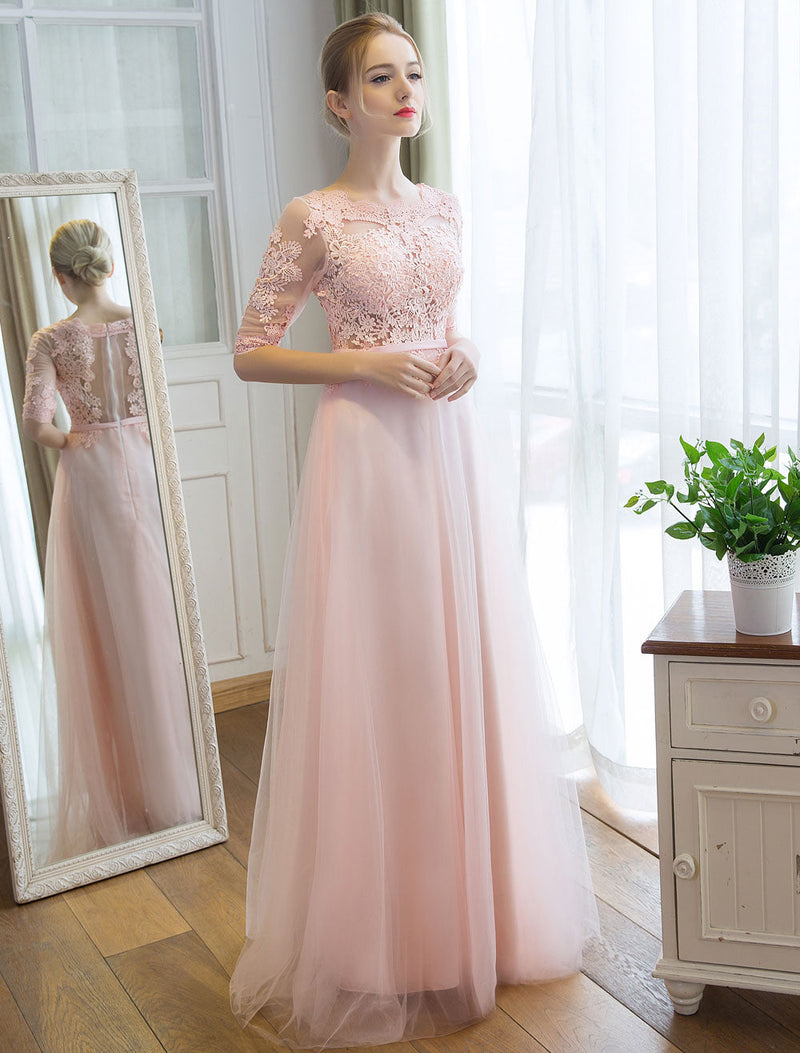 Gorgeous Evening Dresses Long Soft Pink Half Sleeve Lace Tulle Formal Evening Lace Applique Maxi Party Dress-Ballbella