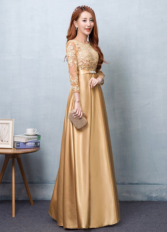 Gorgeous Gold Evening Dress Satin evening dress Lace Applique Wedding Guest Dresses Sash A Line Maxi Mother's Dress wedding guest dress-Ballbella