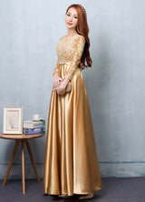 Gorgeous Gold Evening Dress Satin evening dress Lace Applique Wedding Guest Dresses Sash A Line Maxi Mother's Dress wedding guest dress-Ballbella