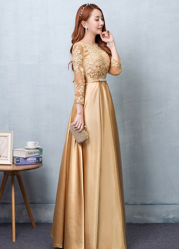 Gorgeous Gold Evening Dress Satin evening dress Lace Applique Wedding Guest Dresses Sash A Line Maxi Mother's Dress wedding guest dress-Ballbella