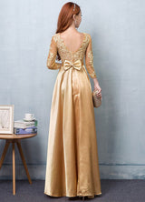 Gorgeous Gold Evening Dress Satin evening dress Lace Applique Wedding Guest Dresses Sash A Line Maxi Mother's Dress wedding guest dress-Ballbella