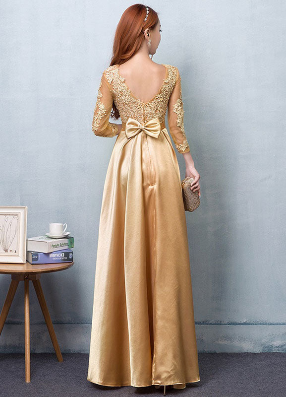 Gorgeous Gold Evening Dress Satin evening dress Lace Applique Wedding Guest Dresses Sash A Line Maxi Mother's Dress wedding guest dress-Ballbella