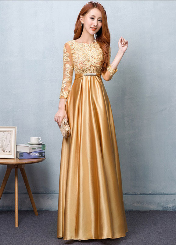 Gorgeous Gold Evening Dress Satin evening dress Lace Applique Wedding Guest Dresses Sash A Line Maxi Mother's Dress wedding guest dress-Ballbella