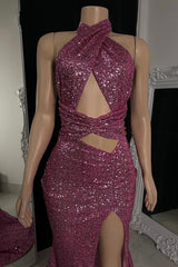 Gorgeous Halter Pink Prom Dress Sequins Sleeveless Long With Split-Ballbella