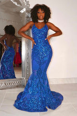 Gorgeous Halter V-Neck Sleeveless Mermaid Prom Dresses Sequins Long-Ballbella