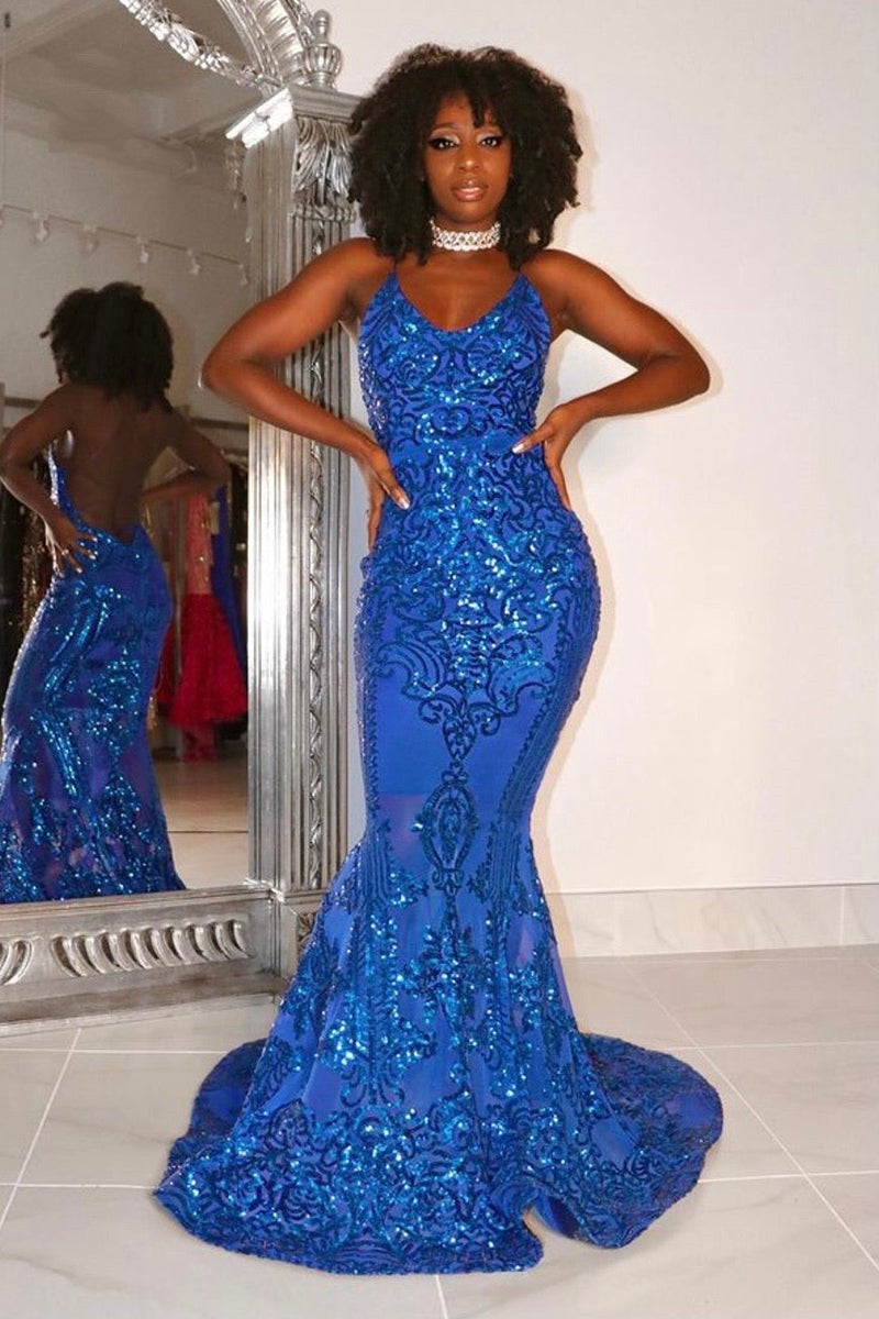 Gorgeous Halter V-Neck Sleeveless Mermaid Prom Dresses Sequins Long-Ballbella